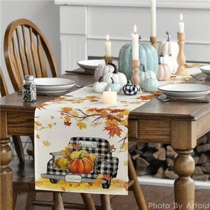 Maple Leaves Pumpkins Table Runner, Indoor Outdoor Home Party Decor 13 x 72 Inch